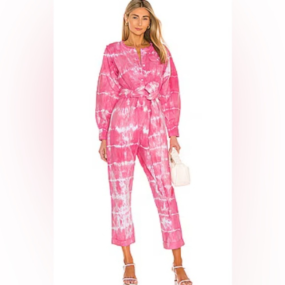 NWT LoveShackFancy Paca Jumpsuit in Hibiscus Hand Dyed Pink white Tie-dye